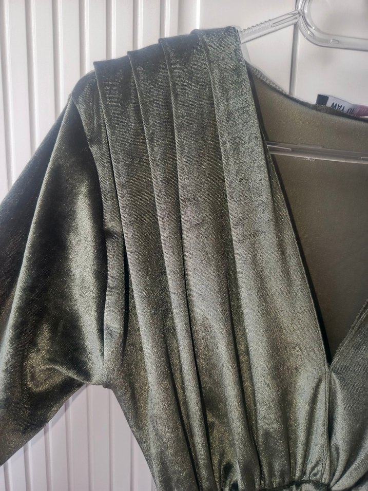 Kadın Parlak Haki V Yaka Drapeli Midi Elbise - Görsel 3