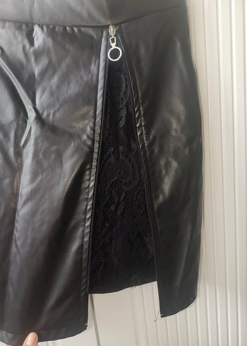 Fermuarlı Siyah Deri Midi Etek - Görsel 3