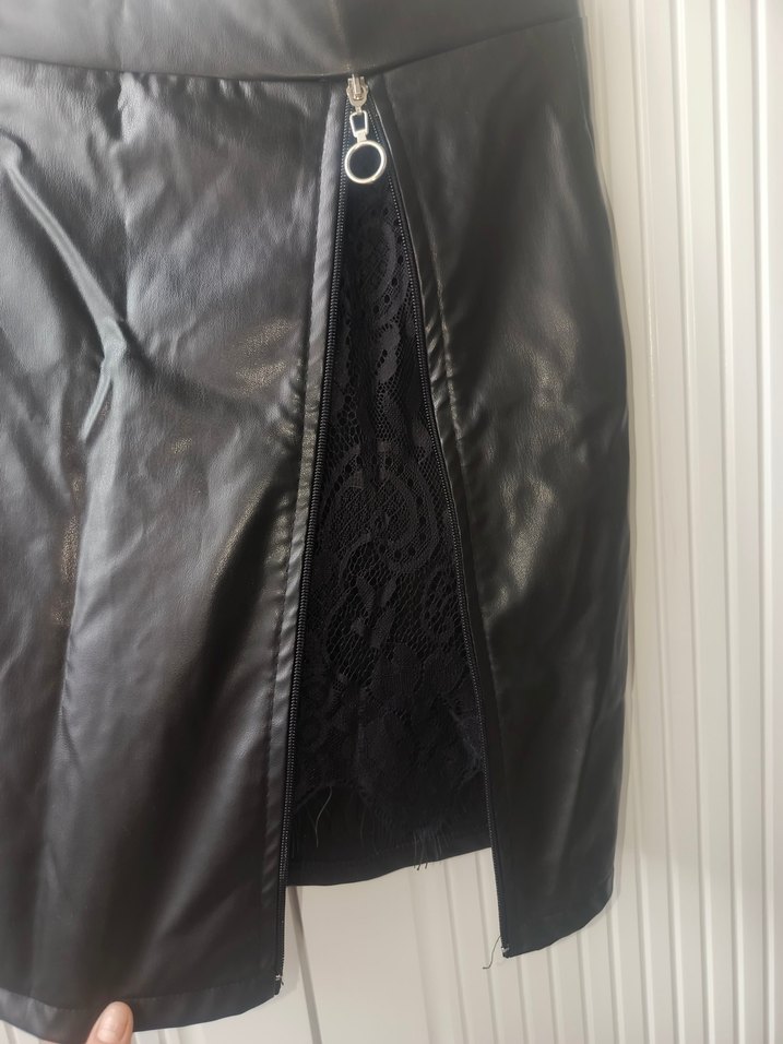 Fermuarlı Siyah Deri Midi Etek - Görsel 3