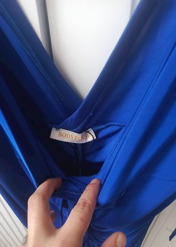 Mavi Drapeli V Yaka Midi Elbise - Görsel 5