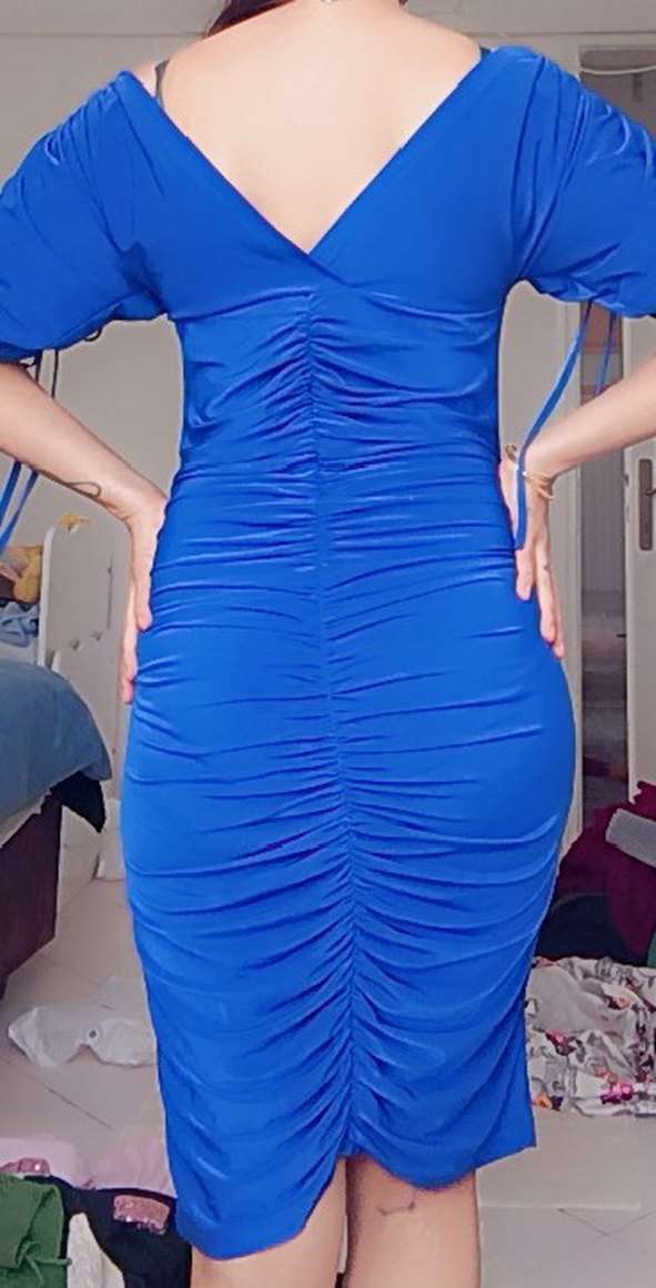 Mavi Drapeli V Yaka Midi Elbise - Görsel 2