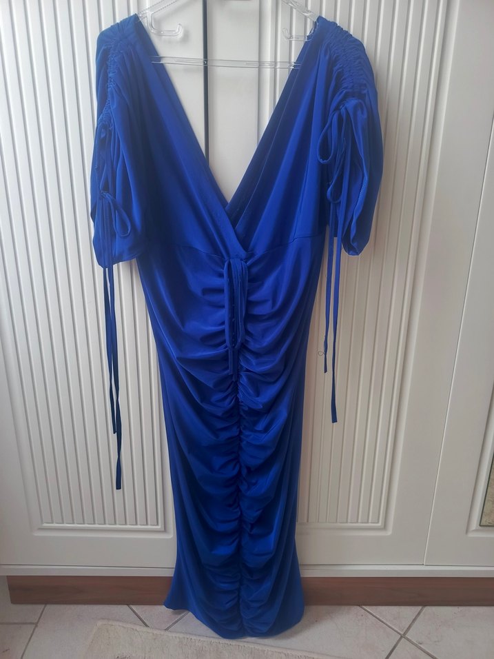 Mavi Drapeli V Yaka Midi Elbise - Görsel 3