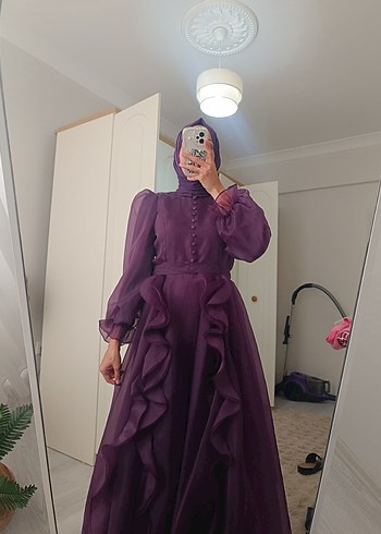 Uzun Mor Fırfırlı  Abiye Elbise - Görsel 3