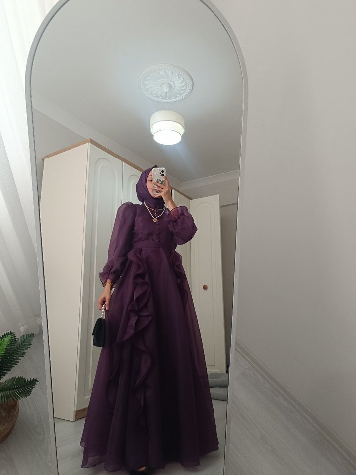 Uzun Mor Fırfırlı  Abiye Elbise - Görsel 2