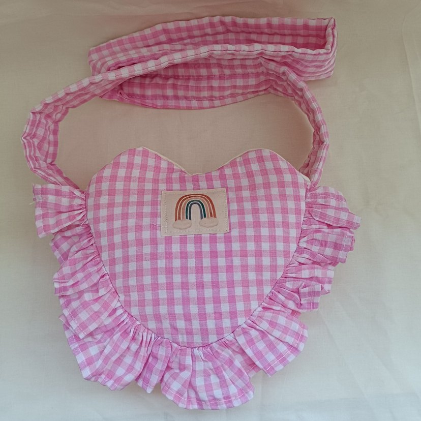 Pembe Kareli Kalp Şekilli Kız Çanta - Görsel 2