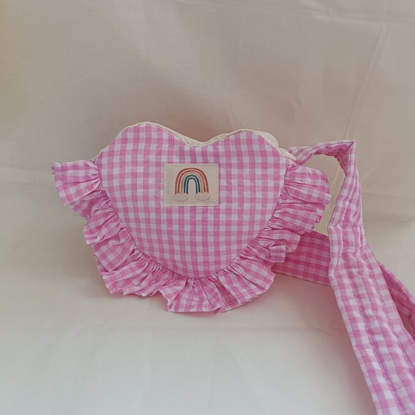 Pembe Kareli Kalp Şekilli Kız Çanta - Görsel 3