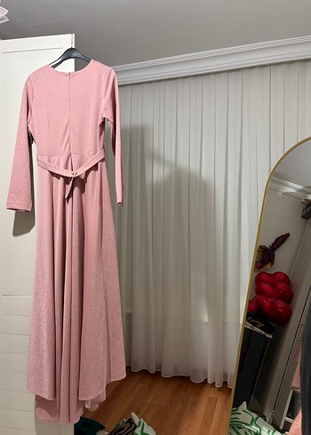 Pembe Uzun Kollu Drapeli Kadın Elbise - Görsel 3
