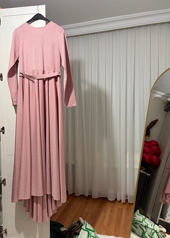 Pembe Uzun Kollu Drapeli Kadın Elbise - Görsel 2