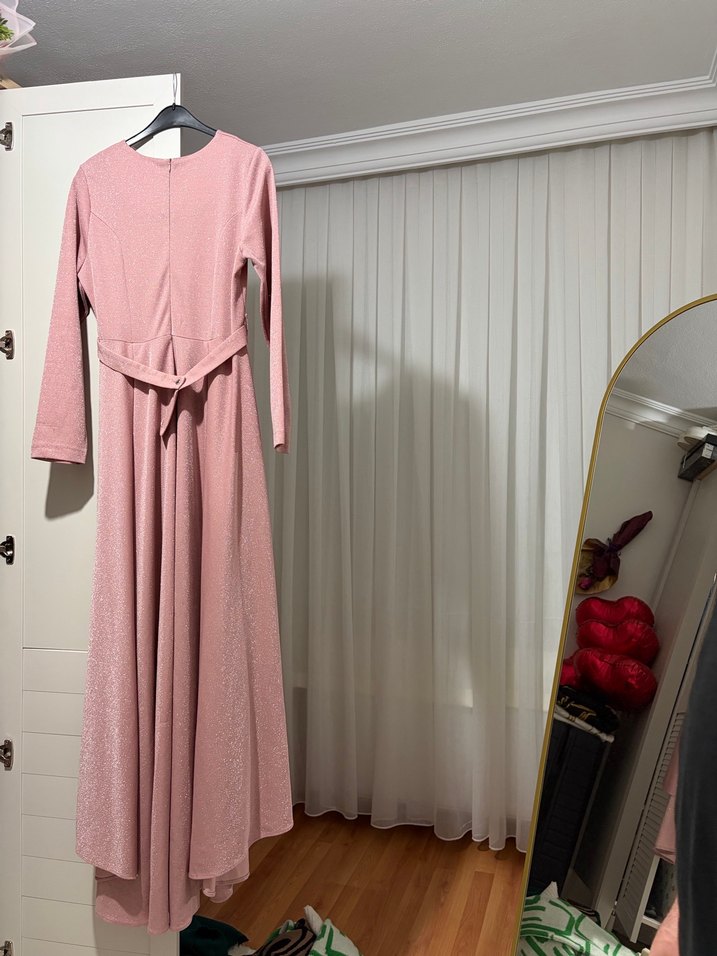 Pembe Uzun Kollu Drapeli Kadın Elbise - Görsel 3