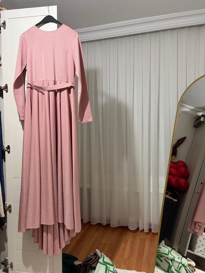 Pembe Uzun Kollu Drapeli Kadın Elbise - Görsel 2