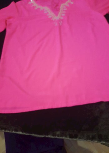 Pembe İşlemeli V Yakalı Uzun büyük beden bulüz - Görsel 6