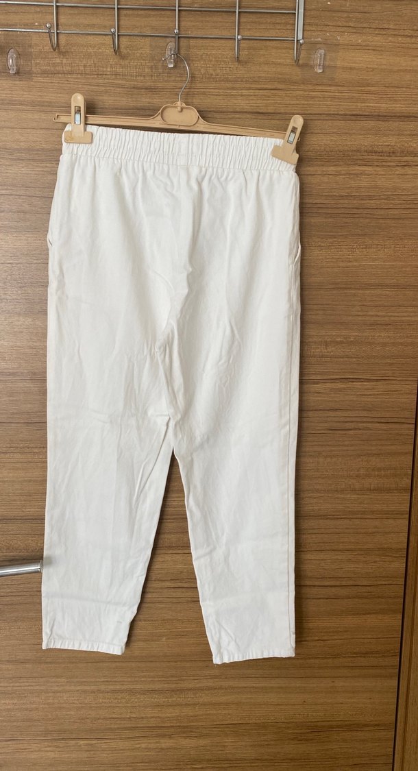 Beyaz Kadın Keten Rahat Kesim Pantolon - Görsel 2