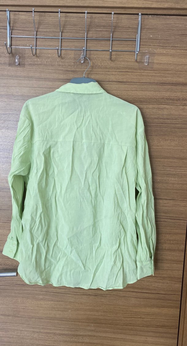 Yeşil Keten Kadın Gömlek, Uzun Kollu, Düğmeli - Görsel 2