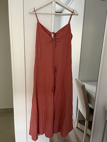 m Beden pembe Renk Koton boyundan bağlamalı Keten elbise