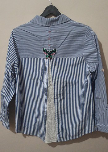 mavi beyaz çizgili bayan gömlek - Görsel 2