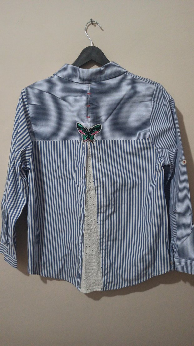 mavi beyaz çizgili bayan gömlek - Görsel 2