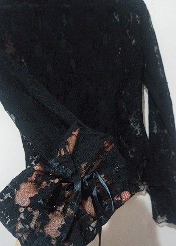 Düğmeli Siyah dantel ve saten oluşumu Gotik Kadın Bluz gömlek - Görsel 3