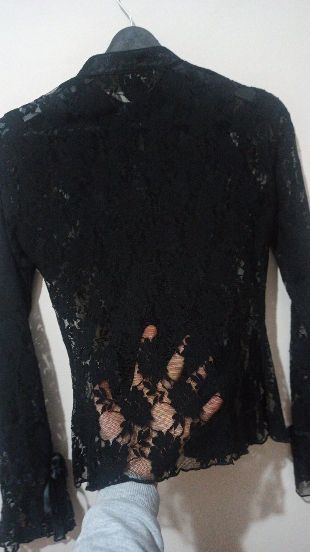 Düğmeli Siyah dantel ve saten oluşumu Gotik Kadın Bluz gömlek - Görsel 2