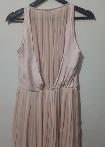 Bej pudra açık pembe Pilili V Yakalı midi boy Abiye Elbise - Görsel 3