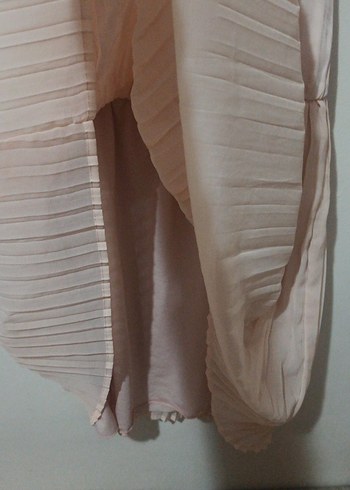 Bej pudra açık pembe Pilili V Yakalı midi boy Abiye Elbise - Görsel 2