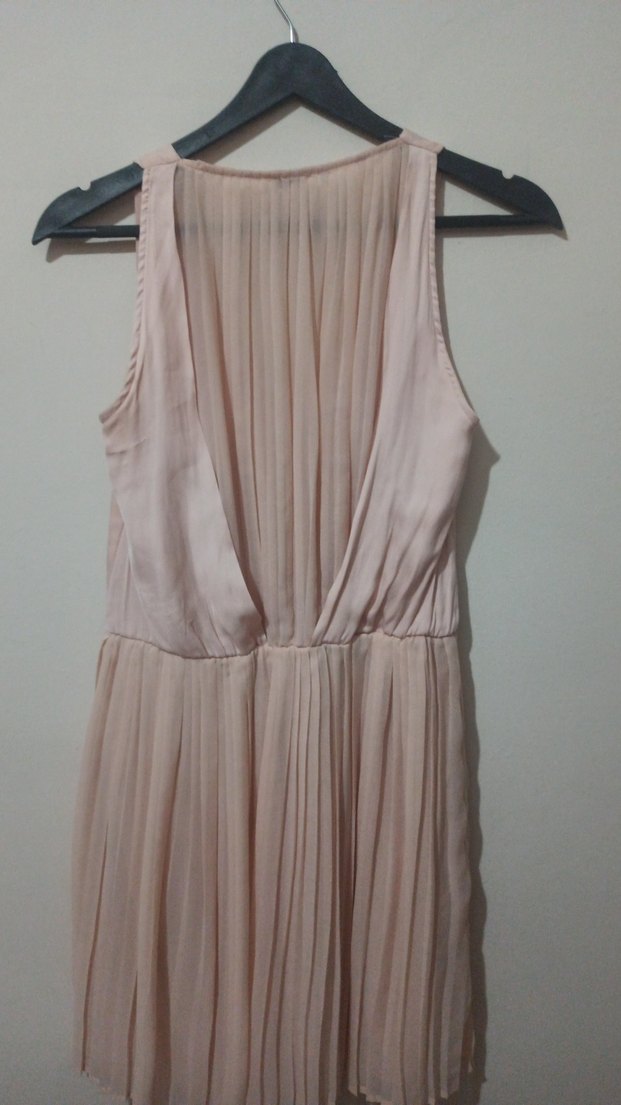 Bej pudra açık pembe Pilili V Yakalı midi boy Abiye Elbise - Görsel 3