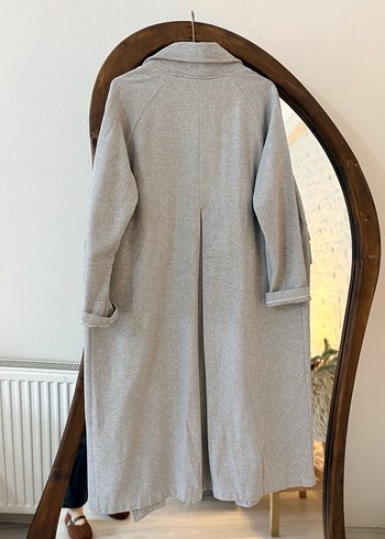 Gri Uzun Cepli Kadın Keten Kaban - Görsel 2