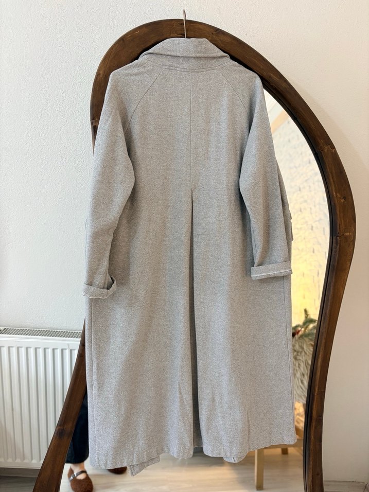 Gri Uzun Cepli Kadın Keten Kaban - Görsel 2