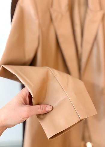 Bej Deri Kadın Blazer Ceket - Görsel 3