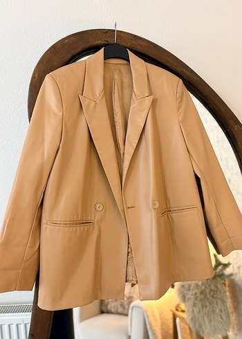 Bej Deri Kadın Blazer Ceket - Görsel 5