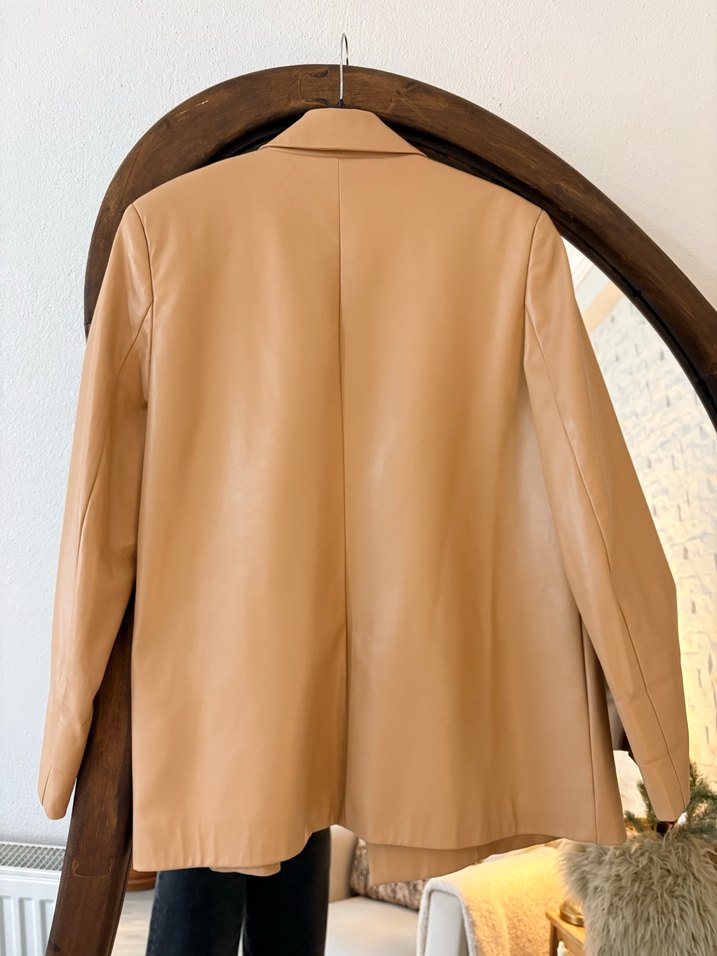 Bej Deri Kadın Blazer Ceket - Görsel 4