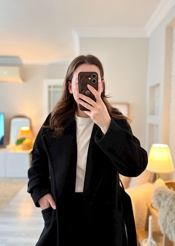 Siyah Midi Kadın Kaban Notch Yaka - Görsel 2