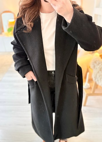 Siyah Midi Kadın Kaban Notch Yaka - Görsel 3