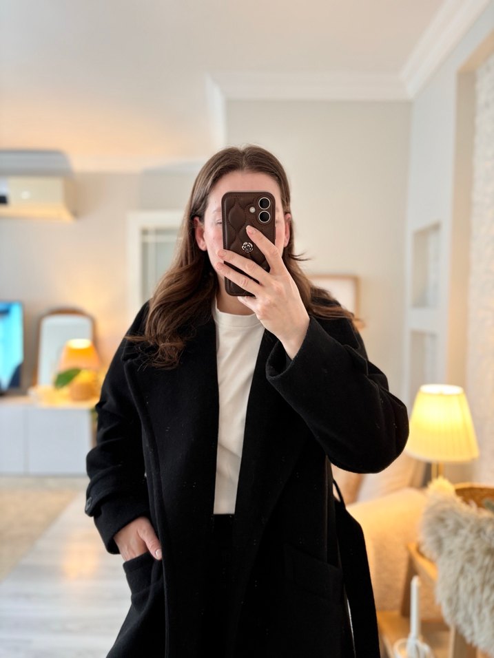 Siyah Midi Kadın Kaban Notch Yaka - Görsel 2