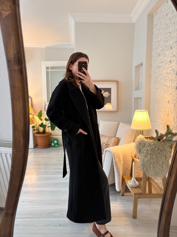 Siyah Midi Kadın Kaban Notch Yaka - Görsel 5