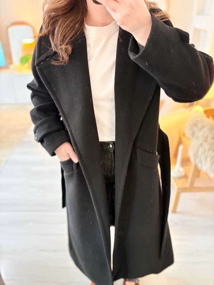 Siyah Midi Kadın Kaban Notch Yaka - Görsel 3
