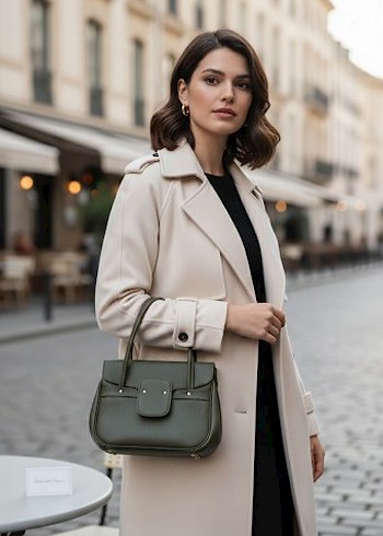 Vintage Haki Deri Görünümlü El Çantası - Retro Model - Görsel 2