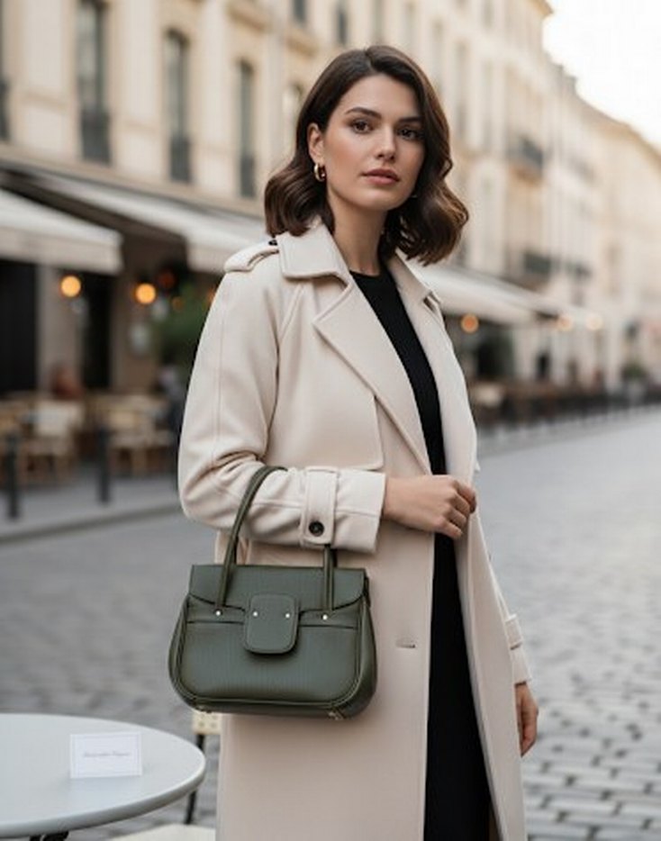 Vintage Haki Deri Görünümlü El Çantası - Retro Model - Görsel 2