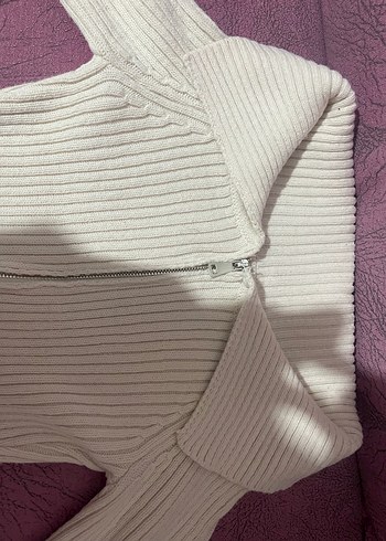 Gri V Yakalı Fermuarlı Kadın Kazak - Görsel 4