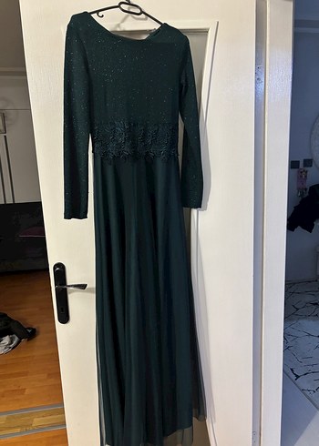 Zümrüt yeşil Uzun Kollu Uzun Abiye Elbise - Görsel 4