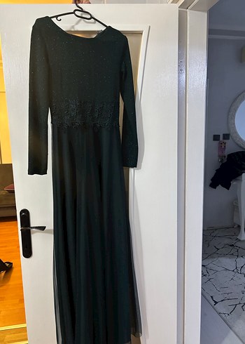 Zümrüt yeşil Uzun Kollu Uzun Abiye Elbise - Görsel 2