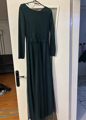 Zümrüt yeşil Uzun Kollu Uzun Abiye Elbise - Görsel 3