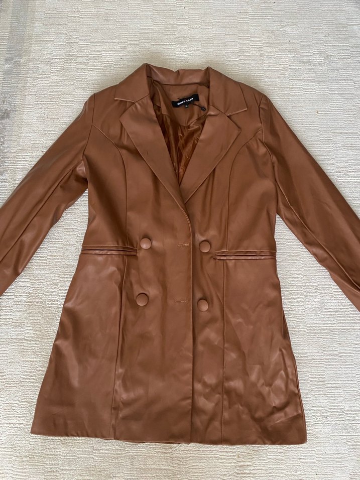Düğmeli Kahverengi Kadın Deri Ceket - Görsel 2