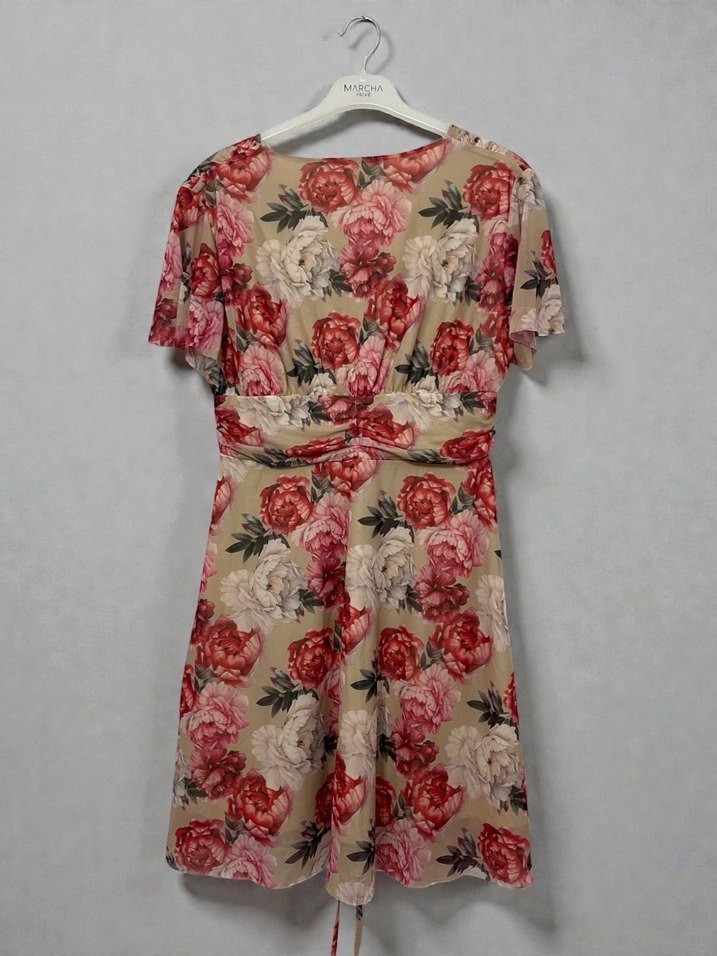 Bej Çiçek Desenli V Yaka Mini Elbise - Görsel 2