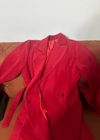 Kemerli Kırmızı Kadın kaşe Midi Kaban - Görsel 2