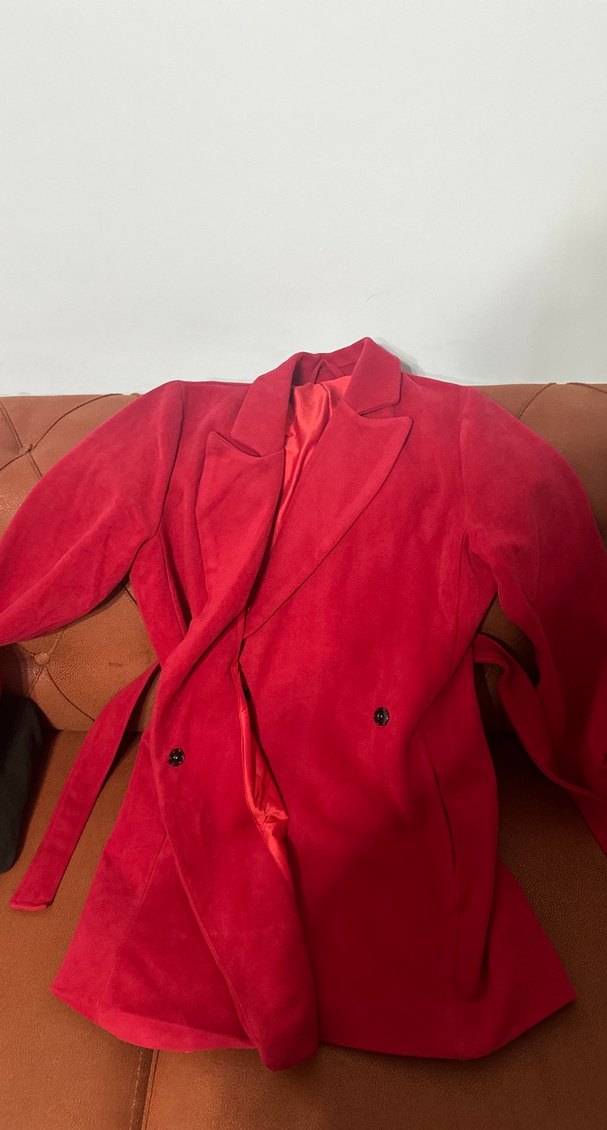 Kemerli Kırmızı Kadın kaşe Midi Kaban - Görsel 2