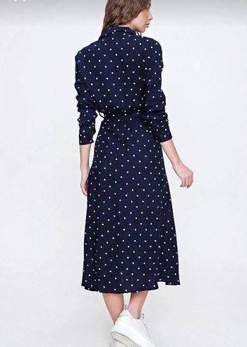 Lacivert Puantiyeli Uzun Kollu Salaş Elbise - Görsel 2
