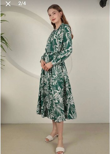 Yeşil Bohem Uzun Kollu Piliseli Elbise - Görsel 2