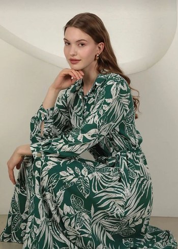 Yeşil Bohem Uzun Kollu Piliseli Elbise - Görsel 3