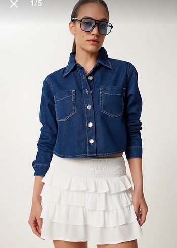 Düğmeli Kısa Mavi Denim Ceket - Görsel 2