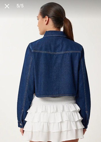 Düğmeli Kısa Mavi Denim Ceket - Görsel 5